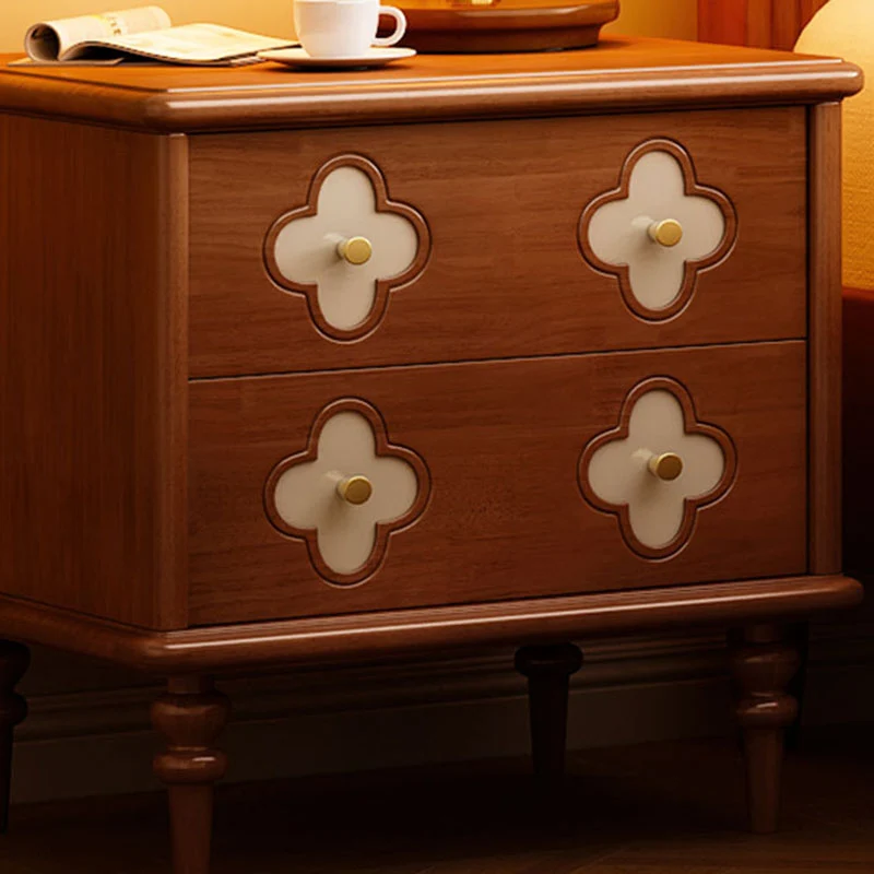 Traditional French Rubberwood & Metal Clover-Shaped Square Nightstand 2-Drawer For Bedroom