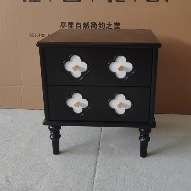 Traditional French Rubberwood & Metal Clover-Shaped Square Nightstand 2-Drawer For Bedroom