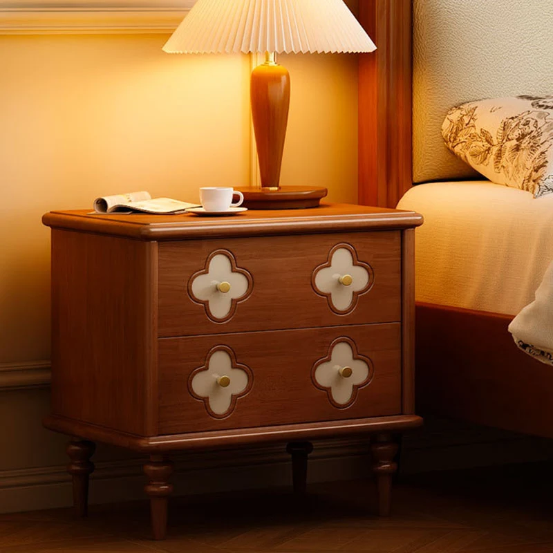 Traditional French Rubberwood & Metal Clover-Shaped Square Nightstand 2-Drawer For Bedroom