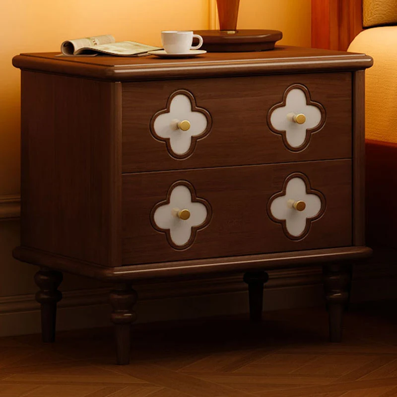 Traditional French Rubberwood & Metal Clover-Shaped Square Nightstand 2-Drawer For Bedroom