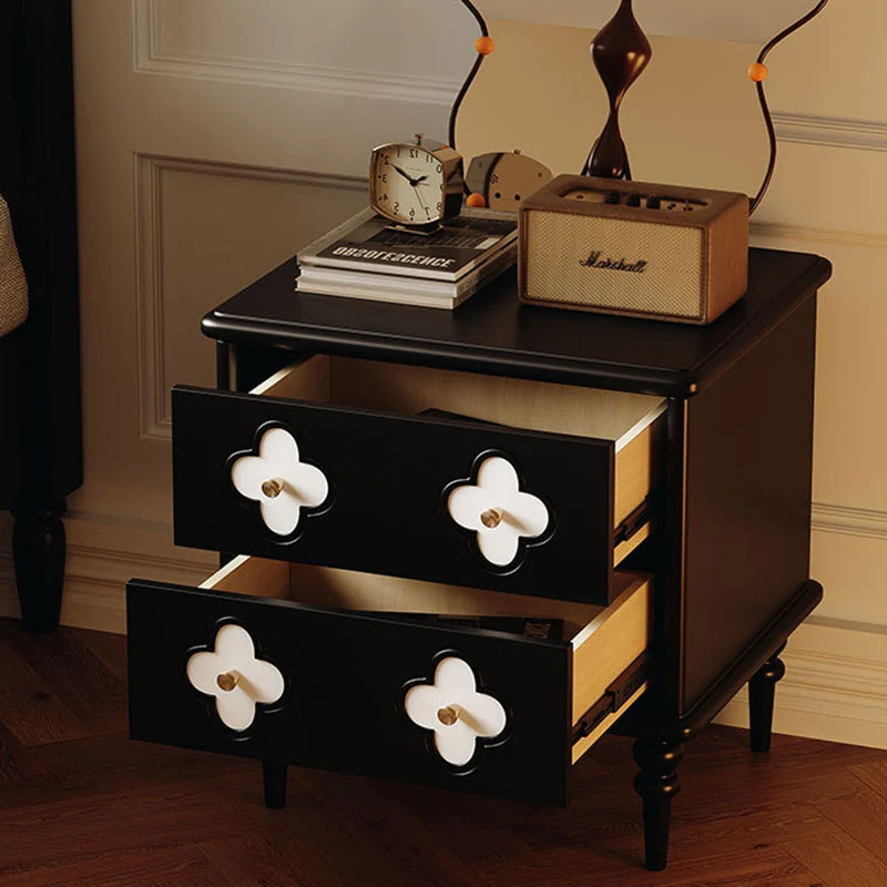 Traditional French Rubberwood & Metal Clover-Shaped Square Nightstand 2-Drawer For Bedroom