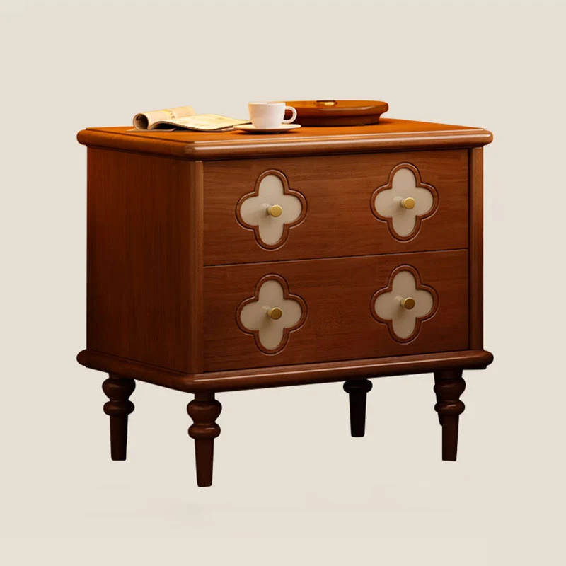 Traditional French Rubberwood & Metal Clover-Shaped Square Nightstand 2-Drawer For Bedroom