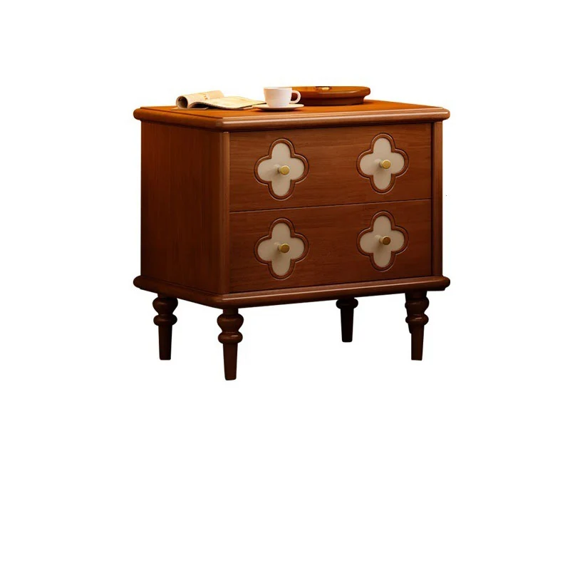Traditional French Rubberwood & Metal Clover-Shaped Square Nightstand 2-Drawer For Bedroom