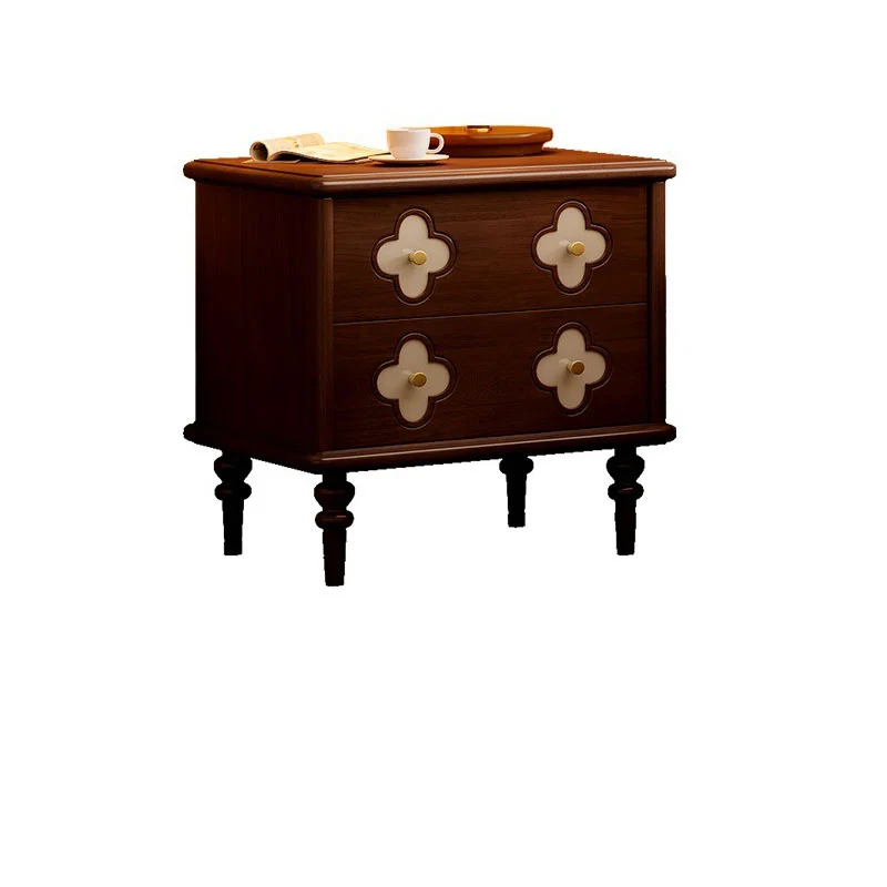 Traditional French Rubberwood & Metal Clover-Shaped Square Nightstand 2-Drawer For Bedroom