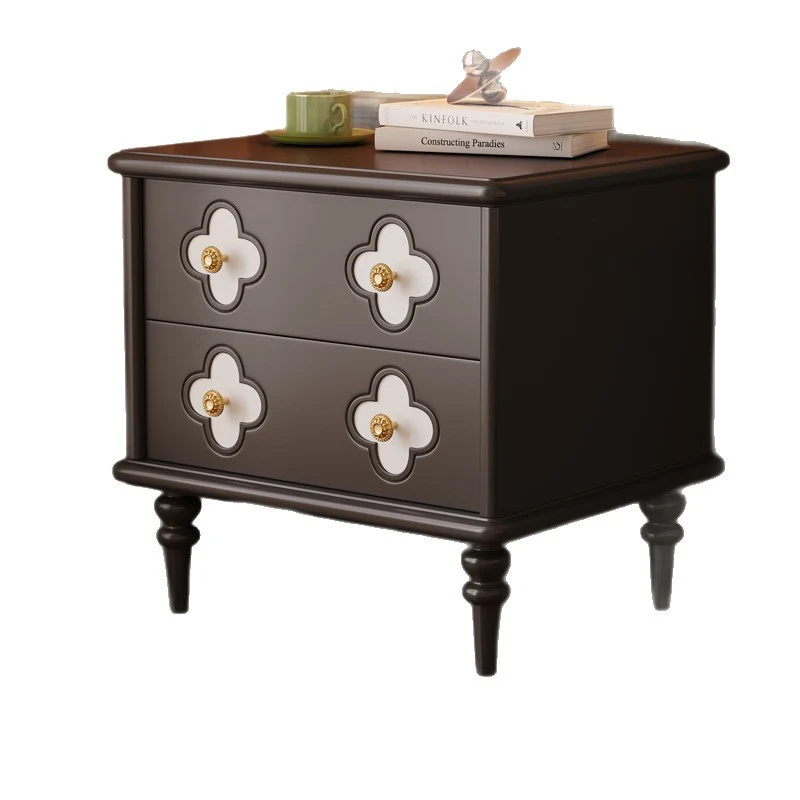 Traditional French Rubberwood & Metal Clover-Shaped Square Nightstand 2-Drawer For Bedroom