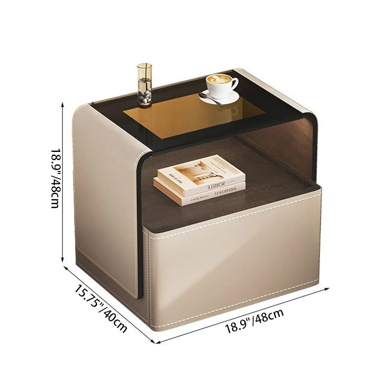 Contemporary Creative Solid Wood Multilayer Board Saddle-Style Faux Leather Tempered Glass Rounded Square Nightstand 1 Drawer For Bedroom