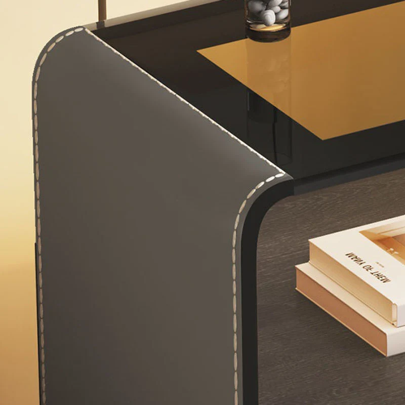 Contemporary Creative Solid Wood Multilayer Board Saddle-Style Faux Leather Tempered Glass Rounded Square Nightstand 1 Drawer For Bedroom