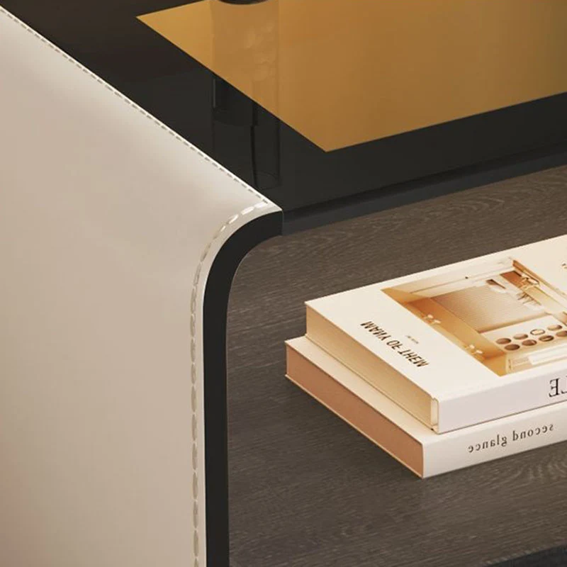 Contemporary Creative Solid Wood Multilayer Board Saddle-Style Faux Leather Tempered Glass Rounded Square Nightstand 1 Drawer For Bedroom