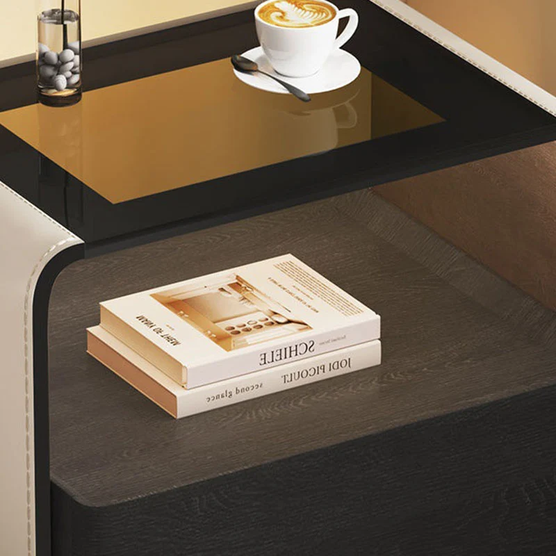 Contemporary Creative Solid Wood Multilayer Board Saddle-Style Faux Leather Tempered Glass Rounded Square Nightstand 1 Drawer For Bedroom