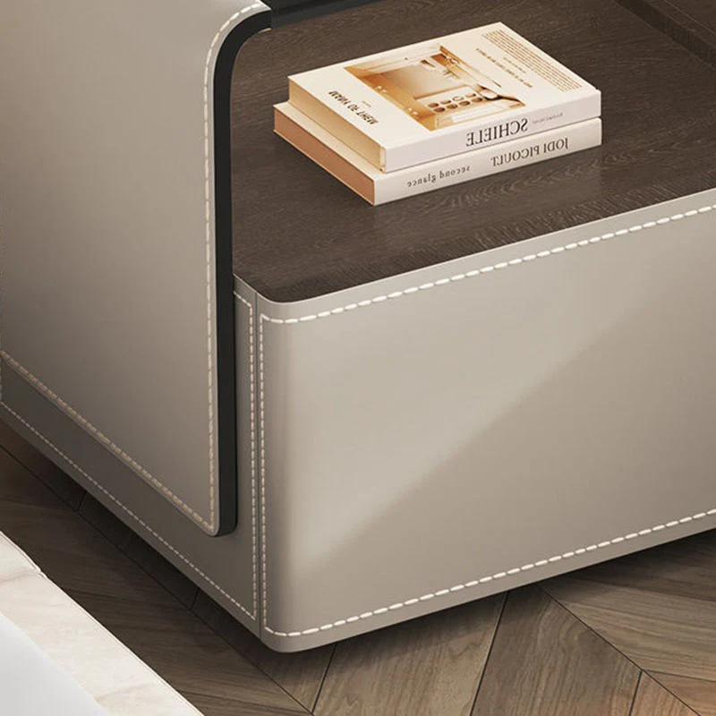 Contemporary Creative Solid Wood Multilayer Board Saddle-Style Faux Leather Tempered Glass Rounded Square Nightstand 1 Drawer For Bedroom
