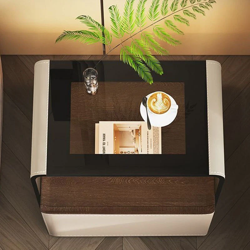 Contemporary Creative Solid Wood Multilayer Board Saddle-Style Faux Leather Tempered Glass Rounded Square Nightstand 1 Drawer For Bedroom