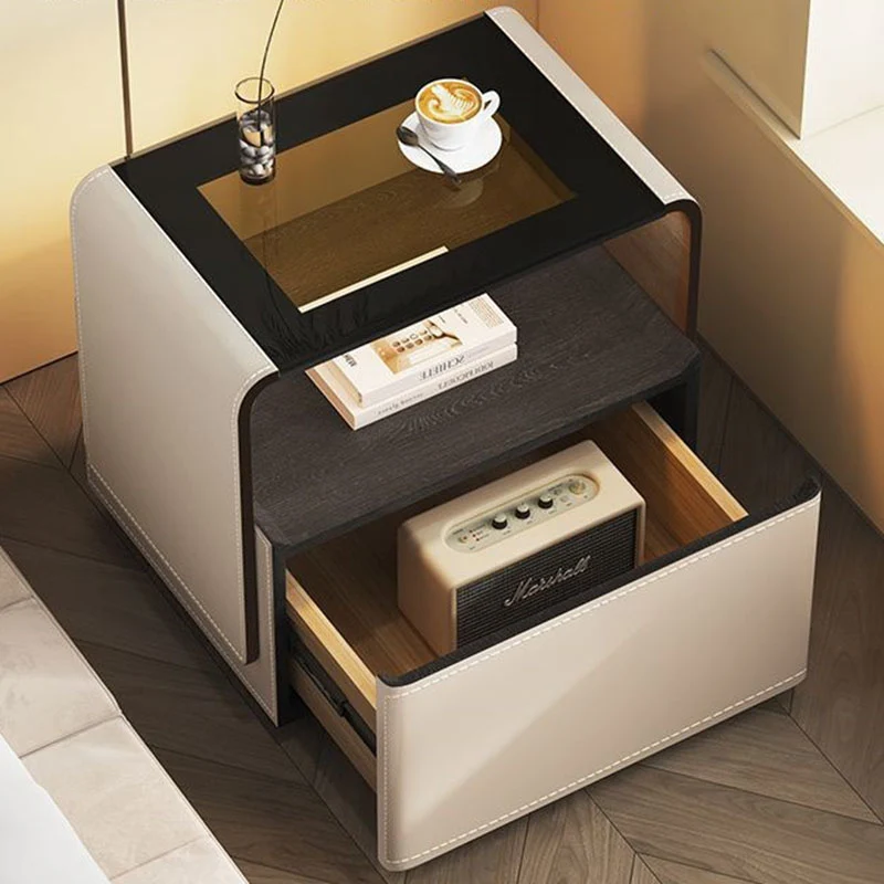 Contemporary Creative Solid Wood Multilayer Board Saddle-Style Faux Leather Tempered Glass Rounded Square Nightstand 1 Drawer For Bedroom
