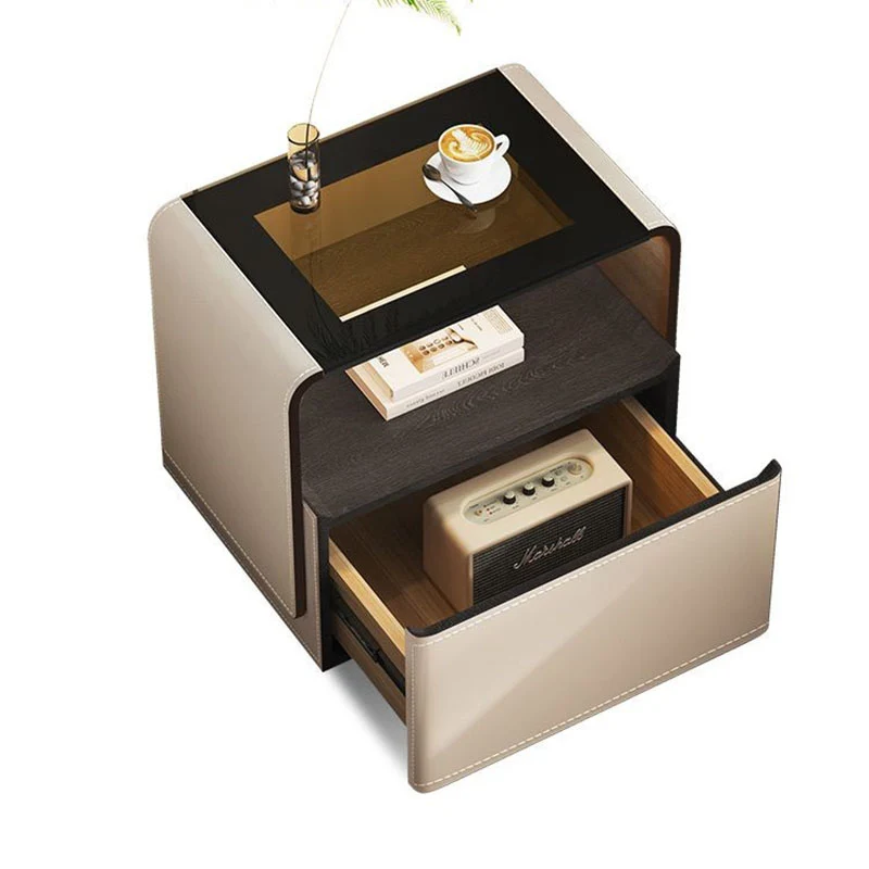 Contemporary Creative Solid Wood Multilayer Board Saddle-Style Faux Leather Tempered Glass Rounded Square Nightstand 1 Drawer For Bedroom