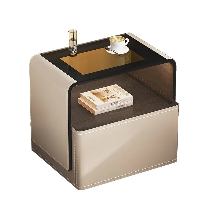 Contemporary Creative Solid Wood Multilayer Board Saddle-Style Faux Leather Tempered Glass Rounded Square Nightstand 1 Drawer For Bedroom