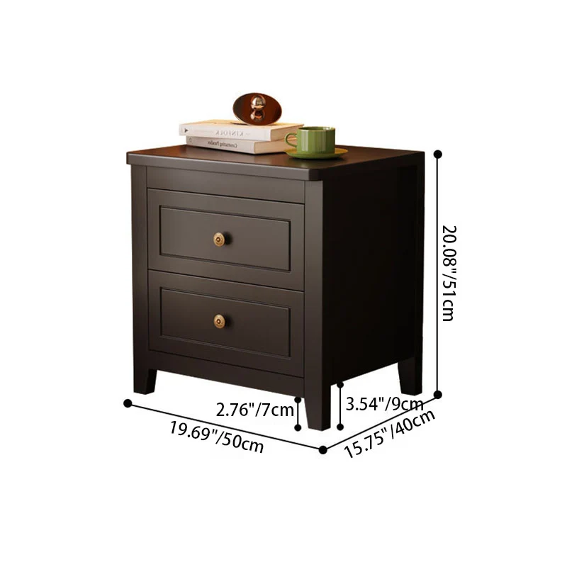 Traditional Vintage Rubberwood Solid Wood Multilayer Board Square Nightstand 2 Drawers For Bedroom