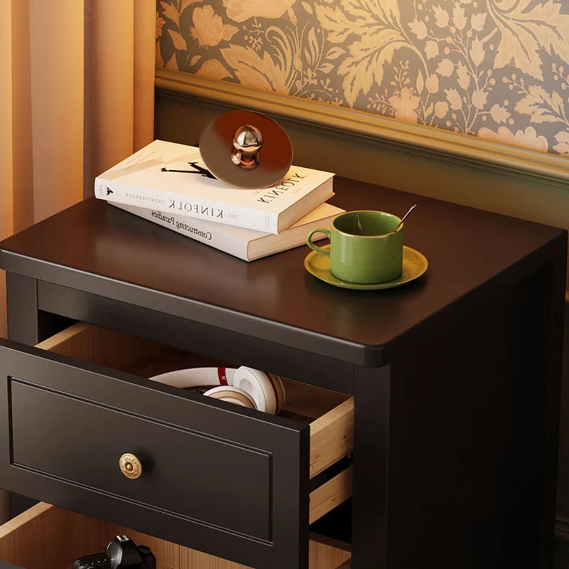 Traditional Vintage Rubberwood Solid Wood Multilayer Board Square Nightstand 2 Drawers For Bedroom