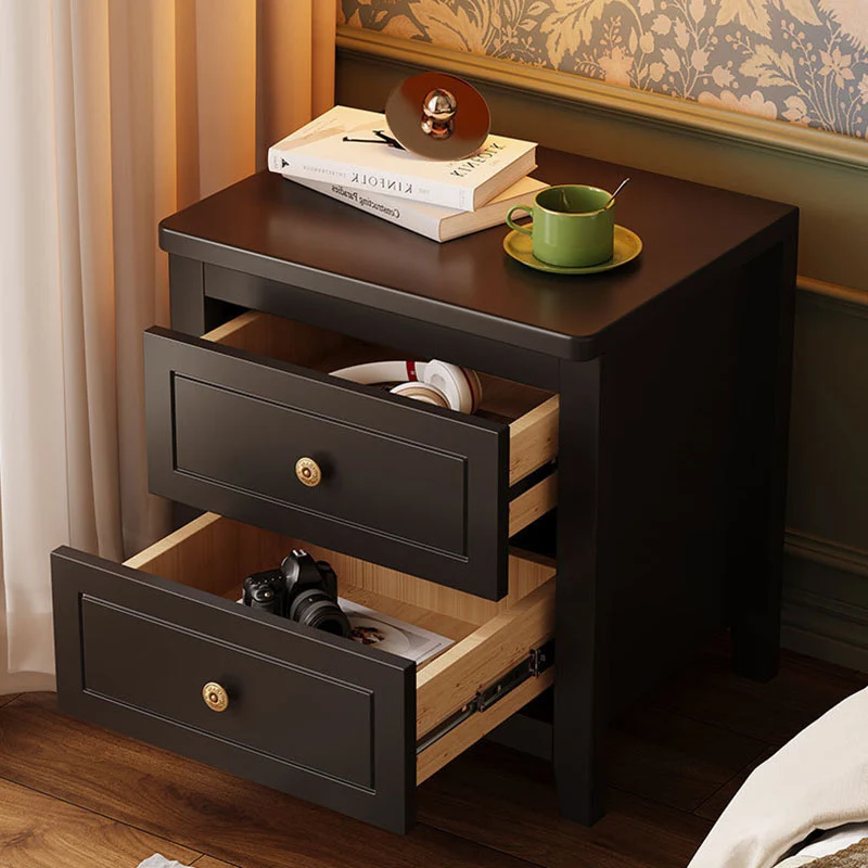 Traditional Vintage Rubberwood Solid Wood Multilayer Board Square Nightstand 2 Drawers For Bedroom