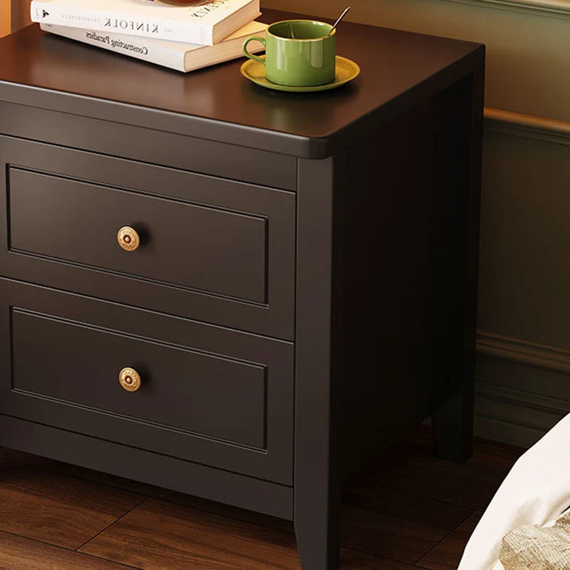 Traditional Vintage Rubberwood Solid Wood Multilayer Board Square Nightstand 2 Drawers For Bedroom