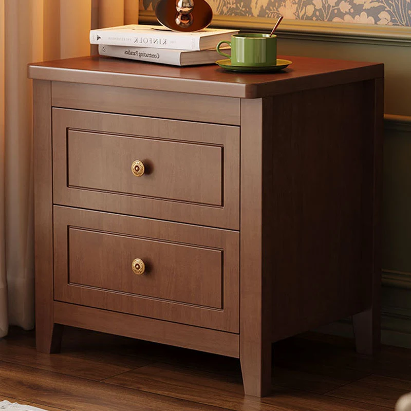 Traditional Vintage Rubberwood Solid Wood Multilayer Board Square Nightstand 2 Drawers For Bedroom