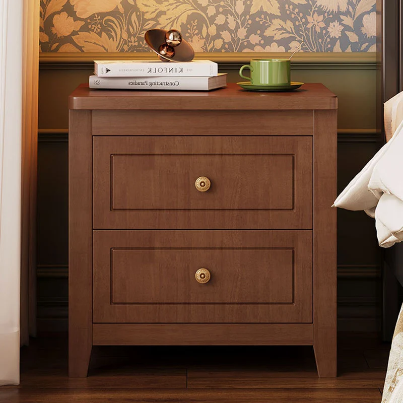 Traditional Vintage Rubberwood Solid Wood Multilayer Board Square Nightstand 2 Drawers For Bedroom