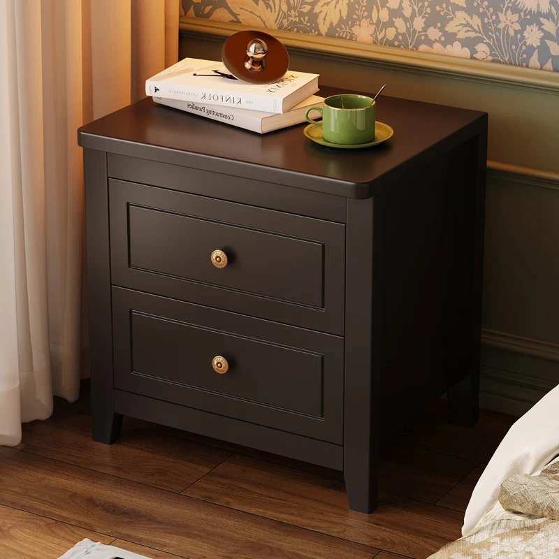 Traditional Vintage Rubberwood Solid Wood Multilayer Board Square Nightstand 2 Drawers For Bedroom