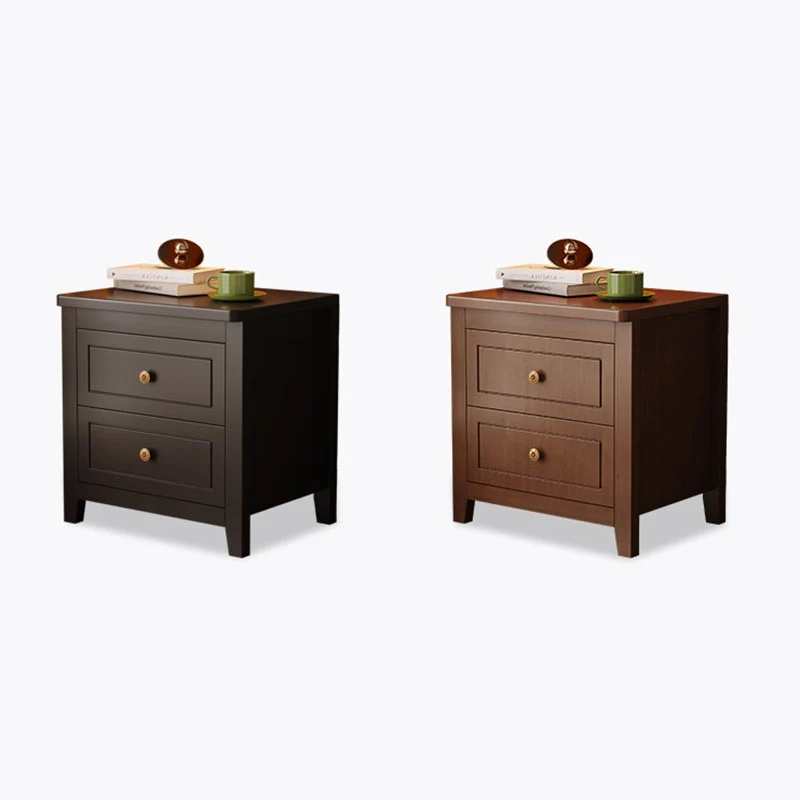 Traditional Vintage Rubberwood Solid Wood Multilayer Board Square Nightstand 2 Drawers For Bedroom