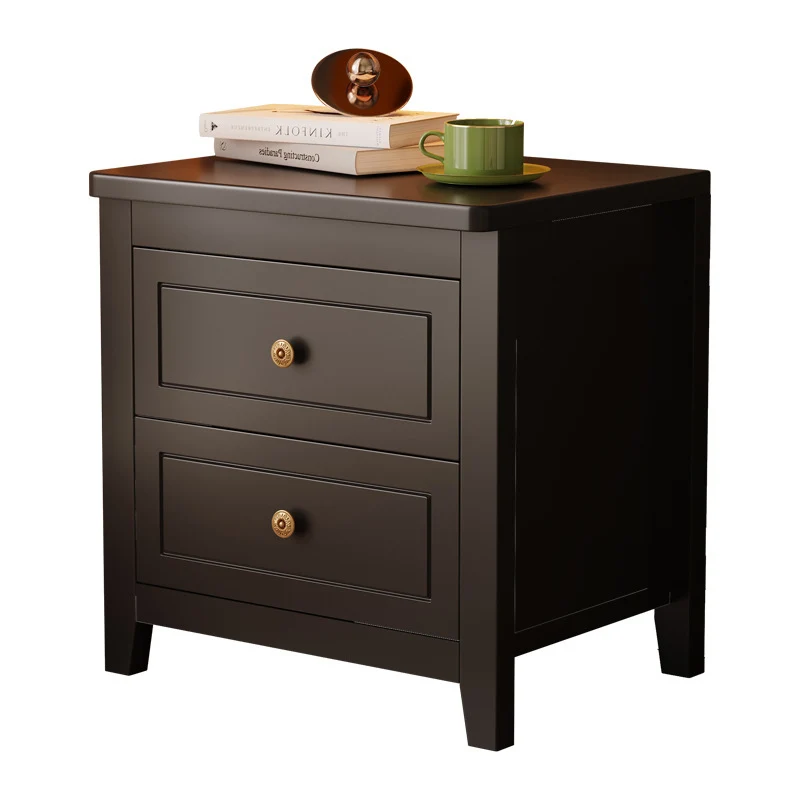 Traditional Vintage Rubberwood Solid Wood Multilayer Board Square Nightstand 2 Drawers For Bedroom