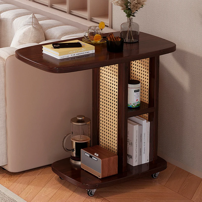 Traditional Chinese Bamboo MDF Woven Resin Rounded Square C-Shaped Side Table 2-Tier For Living Room
