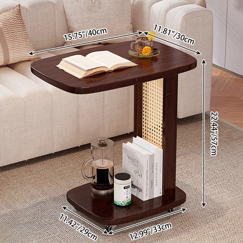 Traditional Chinese Bamboo MDF Woven Resin Rounded Square C-Shaped Side Table 2-Tier For Living Room