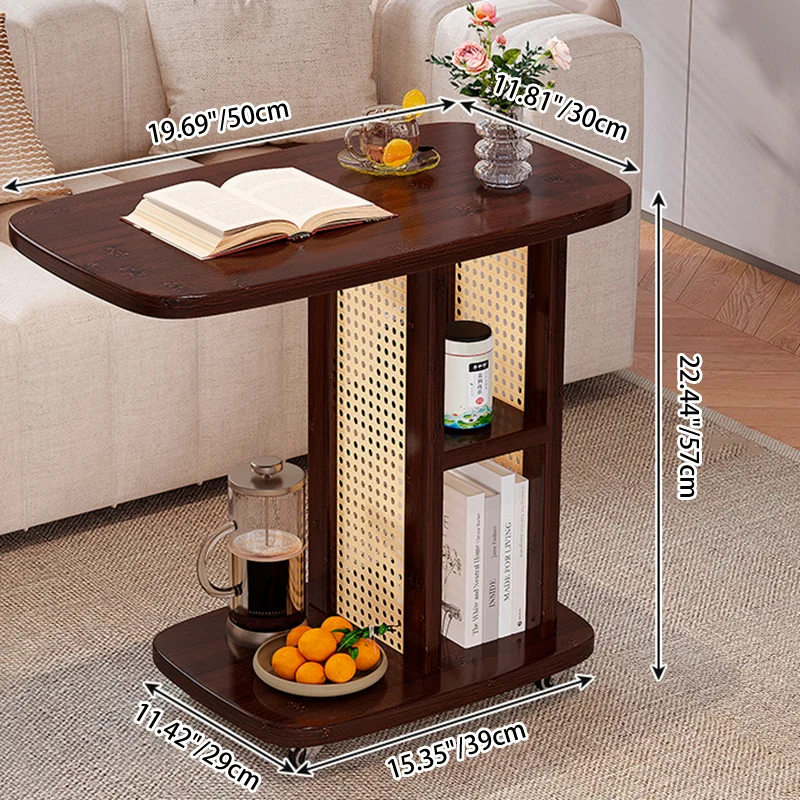 Traditional Chinese Bamboo MDF Woven Resin Rounded Square C-Shaped Side Table 2-Tier For Living Room
