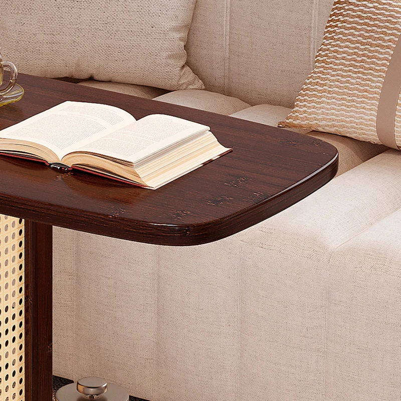 Traditional Chinese Bamboo MDF Woven Resin Rounded Square C-Shaped Side Table 2-Tier For Living Room
