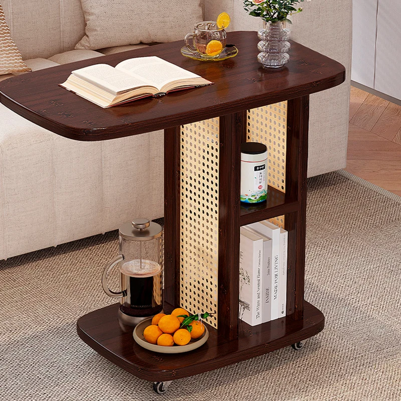 Traditional Chinese Bamboo MDF Woven Resin Rounded Square C-Shaped Side Table 2-Tier For Living Room