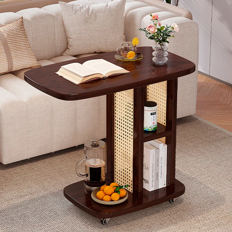 Traditional Chinese Bamboo MDF Woven Resin Rounded Square C-Shaped Side Table 2-Tier For Living Room