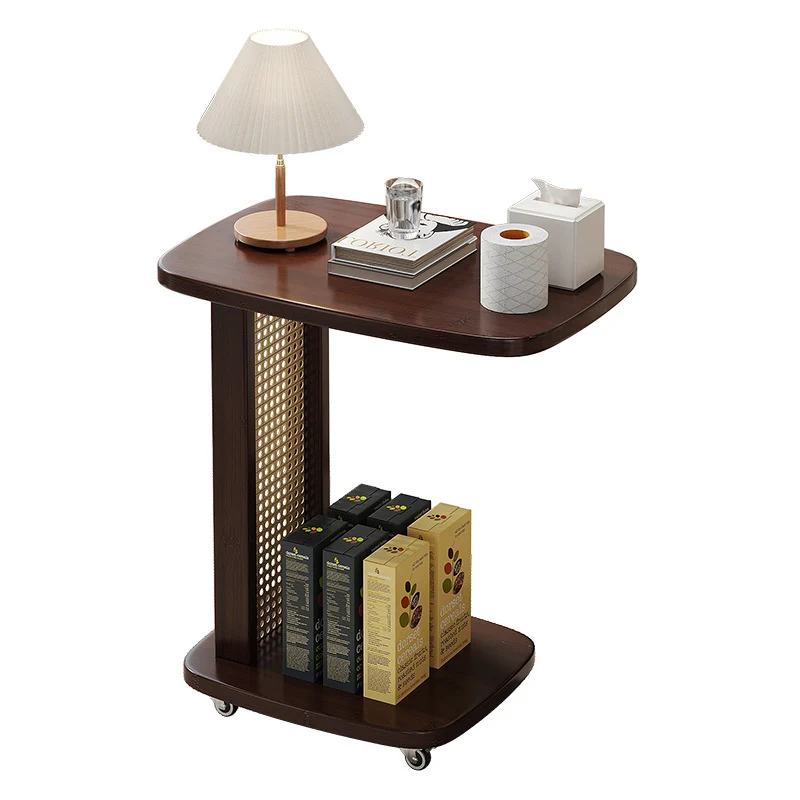 Traditional Chinese Bamboo MDF Woven Resin Rounded Square C-Shaped Side Table 2-Tier For Living Room
