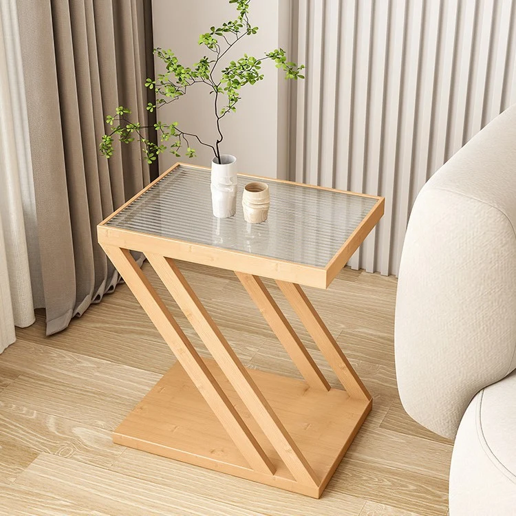 Traditional Japanese Glass Nan Bamboo Square Side Table 2-Tier For Living Room