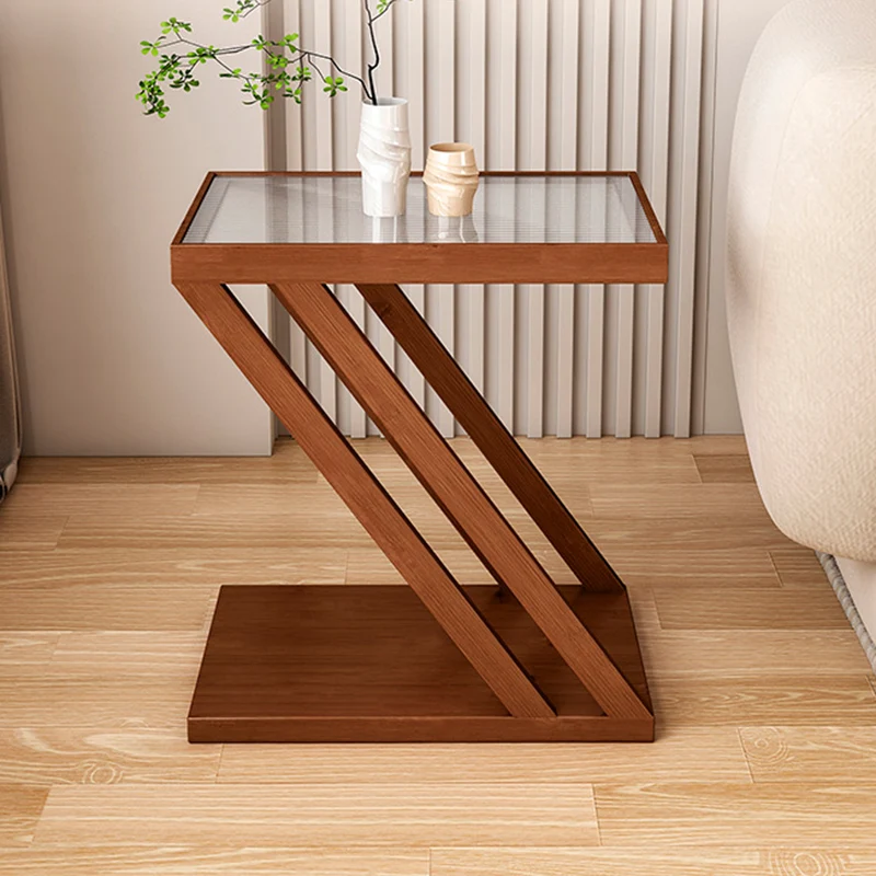Traditional Japanese Glass Nan Bamboo Square Side Table 2-Tier For Living Room