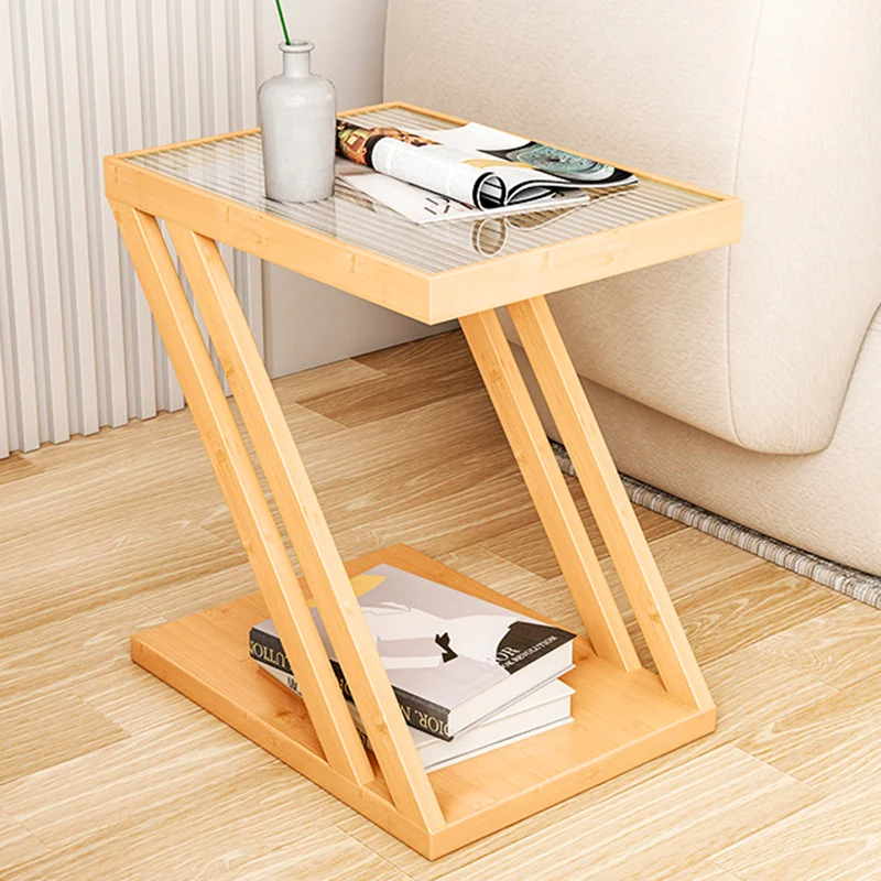 Traditional Japanese Glass Nan Bamboo Square Side Table 2-Tier For Living Room