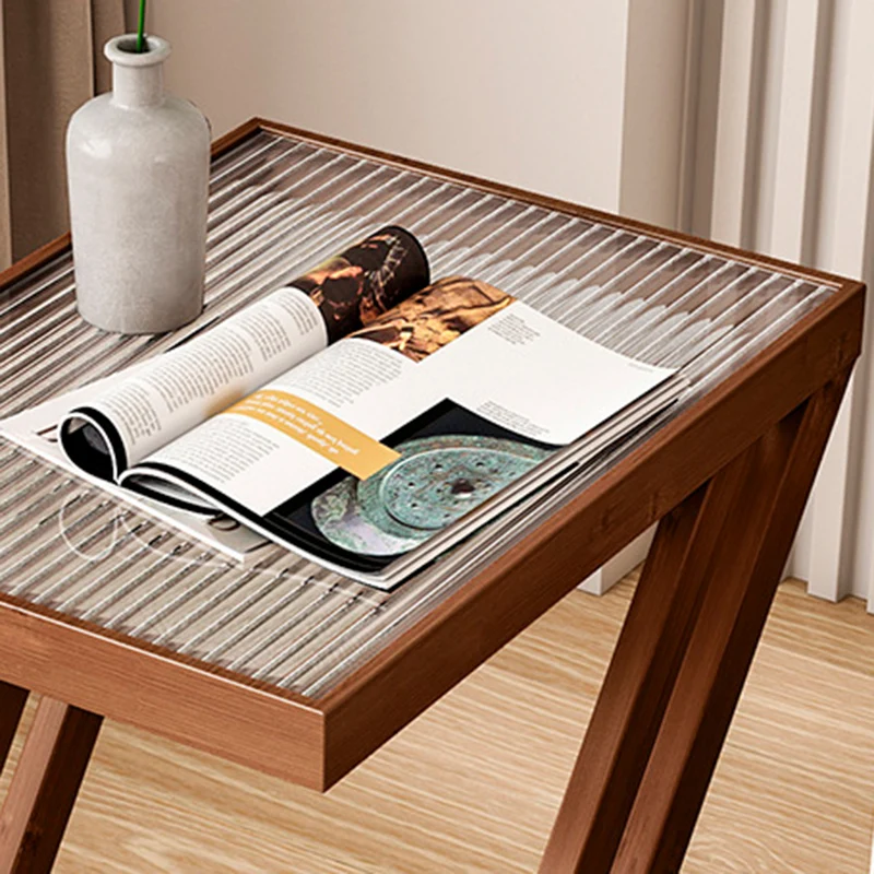 Traditional Japanese Glass Nan Bamboo Square Side Table 2-Tier For Living Room