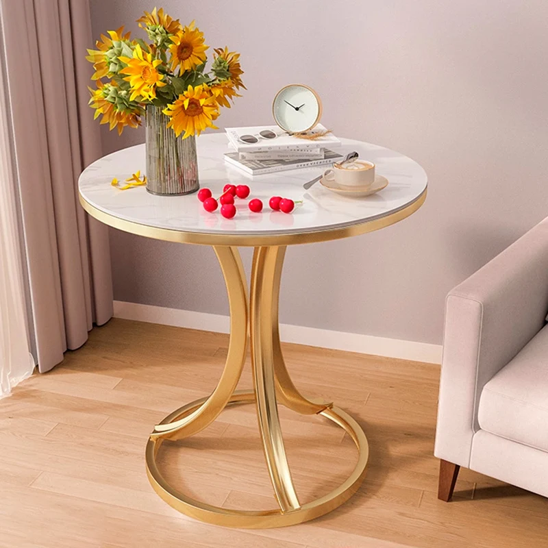 Contemporary Scandinavian Sintered Stone Metal Curved Round Side Table 1-Tier For Living Room