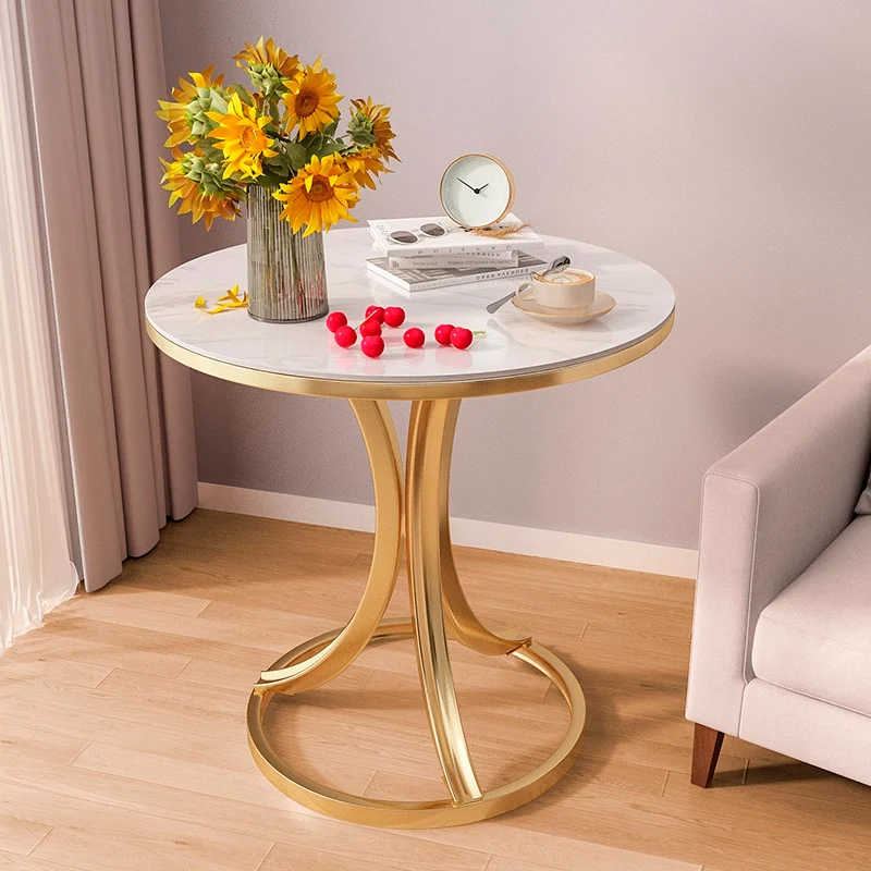 Contemporary Scandinavian Sintered Stone Metal Curved Round Side Table 1-Tier For Living Room