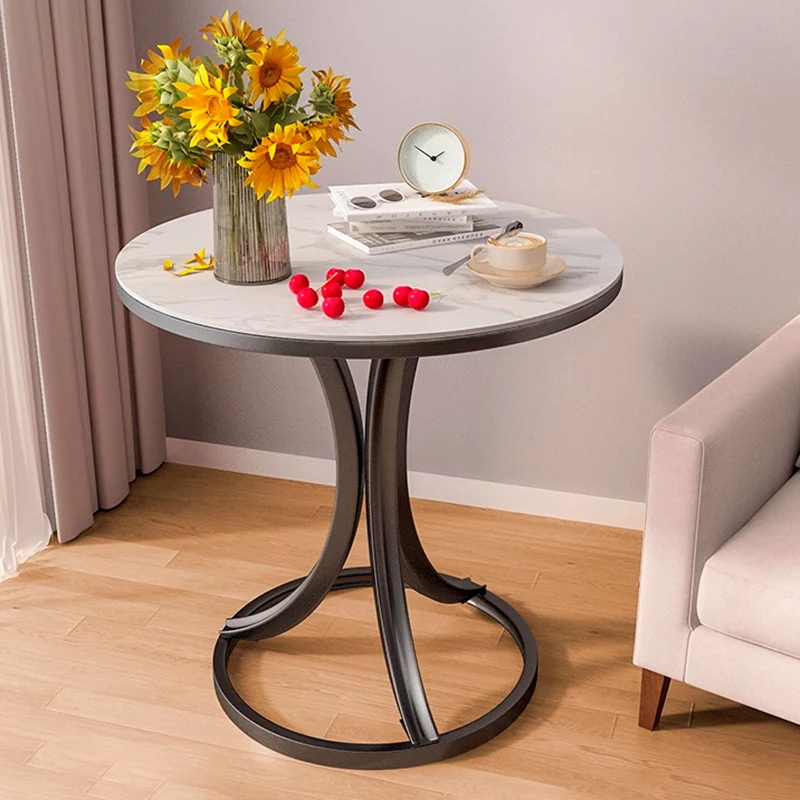 Contemporary Scandinavian Sintered Stone Metal Curved Round Side Table 1-Tier For Living Room