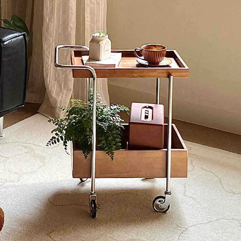 Traditional Vintage Movable Rectangular Rubberwood Stainless Steel Side Table 2-Tier For Living Room & Bedroom