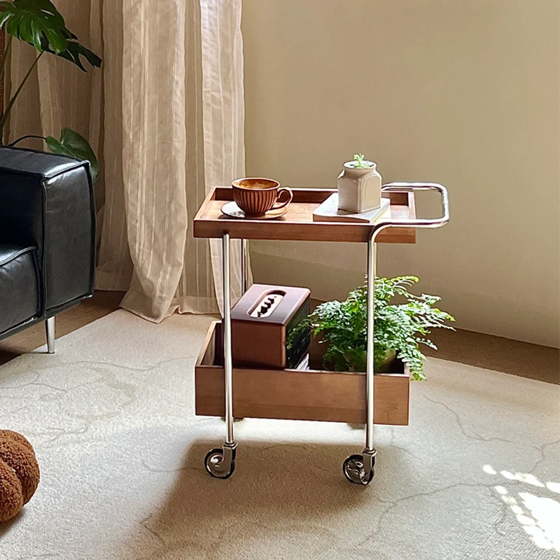 Traditional Vintage Movable Rectangular Rubberwood Stainless Steel Side Table 2-Tier For Living Room & Bedroom
