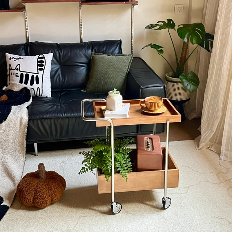Traditional Vintage Movable Rectangular Rubberwood Stainless Steel Side Table 2-Tier For Living Room & Bedroom