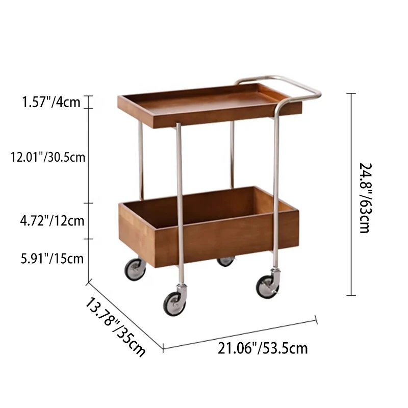 Traditional Vintage Movable Rectangular Rubberwood Stainless Steel Side Table 2-Tier For Living Room & Bedroom