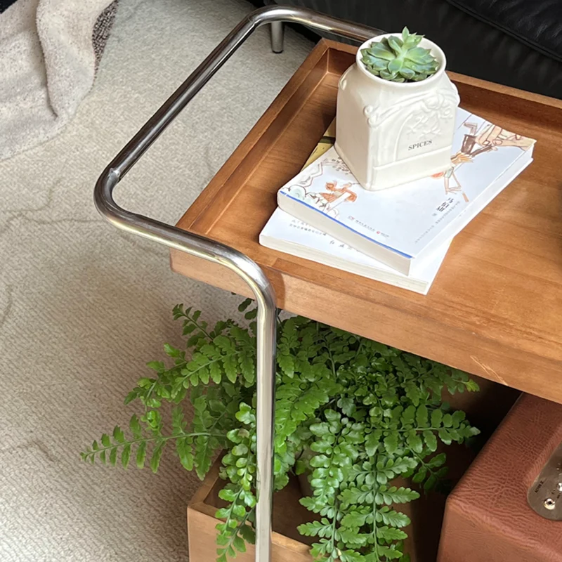 Traditional Vintage Movable Rectangular Rubberwood Stainless Steel Side Table 2-Tier For Living Room & Bedroom