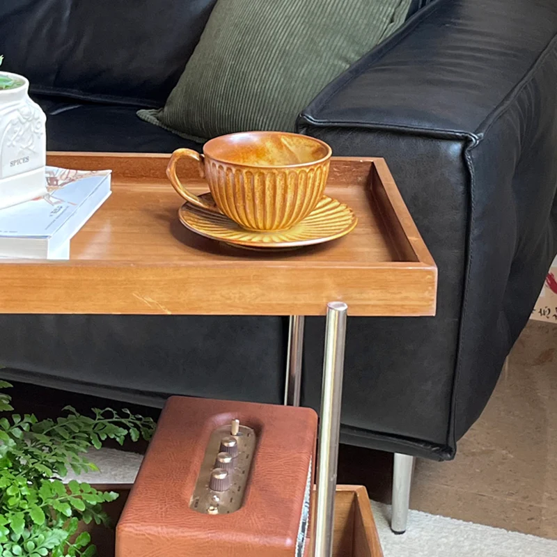 Traditional Vintage Movable Rectangular Rubberwood Stainless Steel Side Table 2-Tier For Living Room & Bedroom