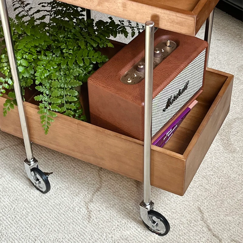 Traditional Vintage Movable Rectangular Rubberwood Stainless Steel Side Table 2-Tier For Living Room & Bedroom