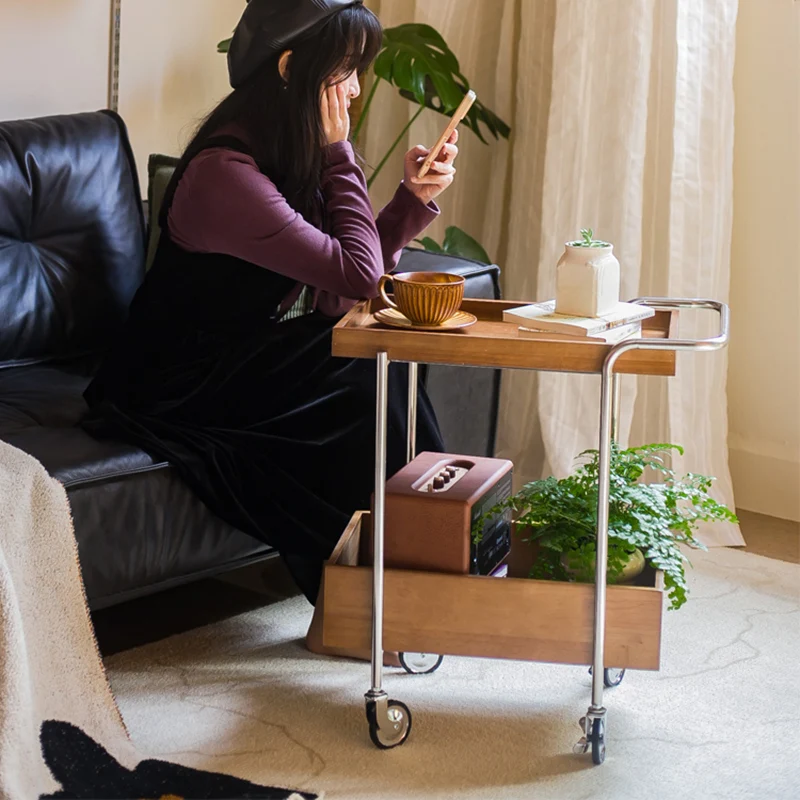 Traditional Vintage Movable Rectangular Rubberwood Stainless Steel Side Table 2-Tier For Living Room & Bedroom