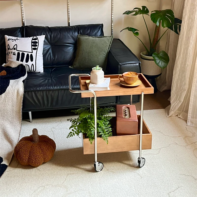 Traditional Vintage Movable Rectangular Rubberwood Stainless Steel Side Table 2-Tier For Living Room & Bedroom